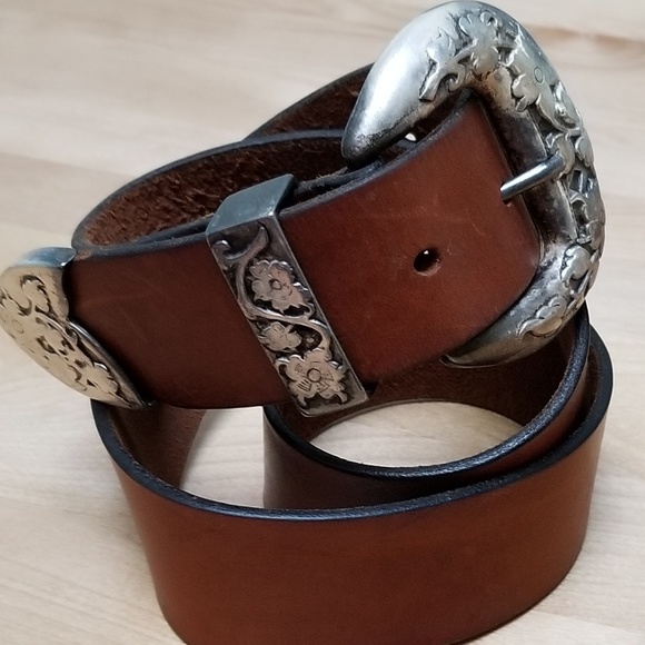 Accessories - Brown Leather Western Belt with Silver Floral Buckle